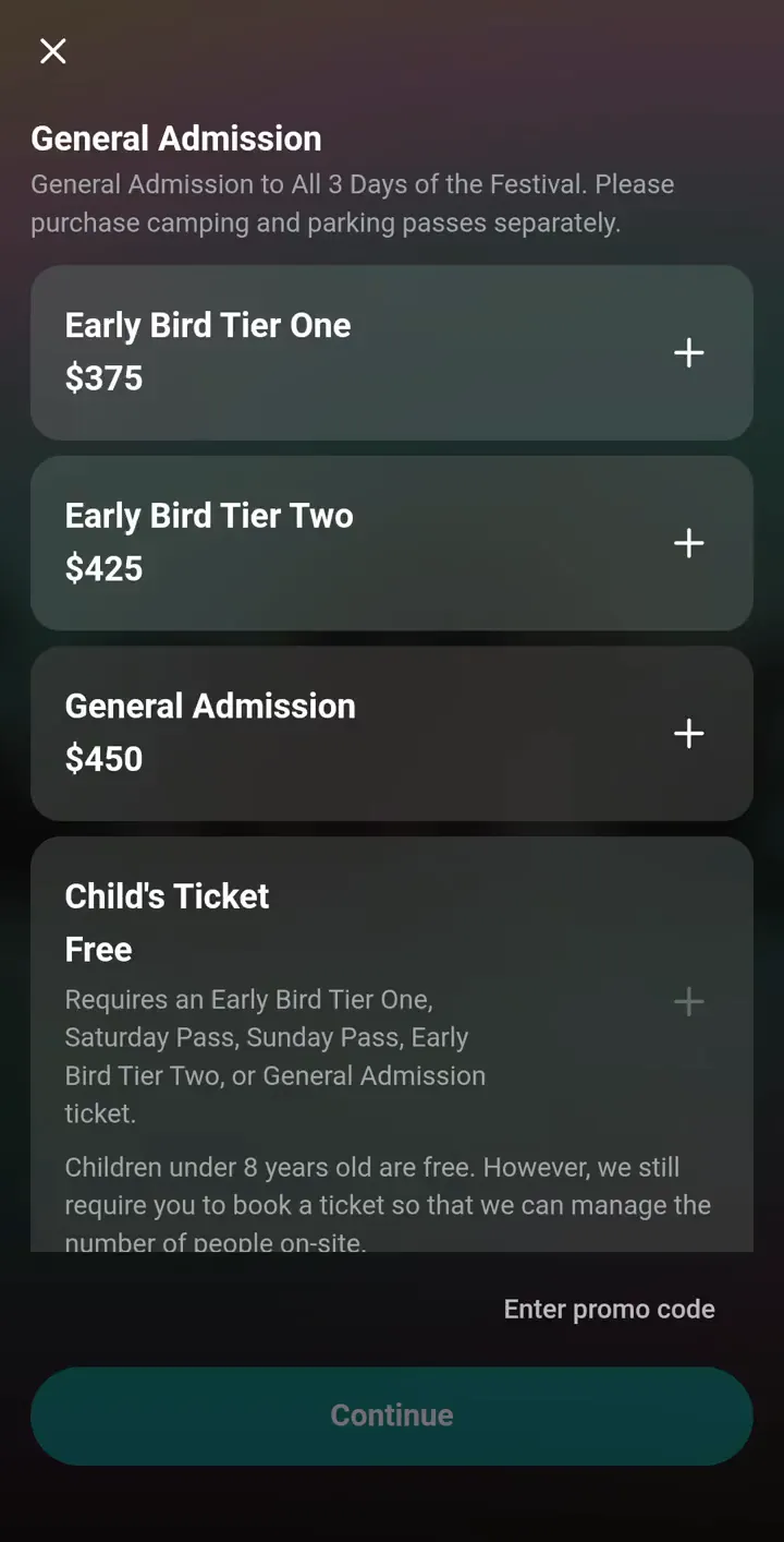 A buyer choosing festival passes, parking, accommodation, and VIP tickets