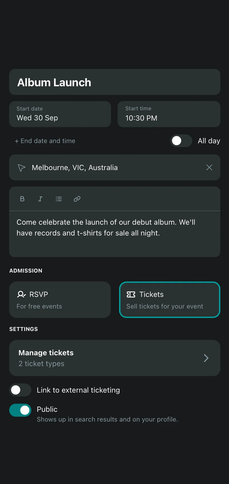 Create event screen