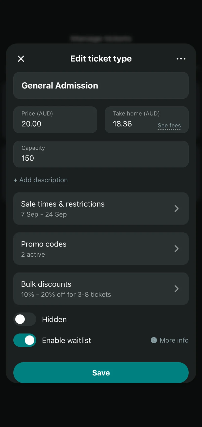 Main ticketing screen