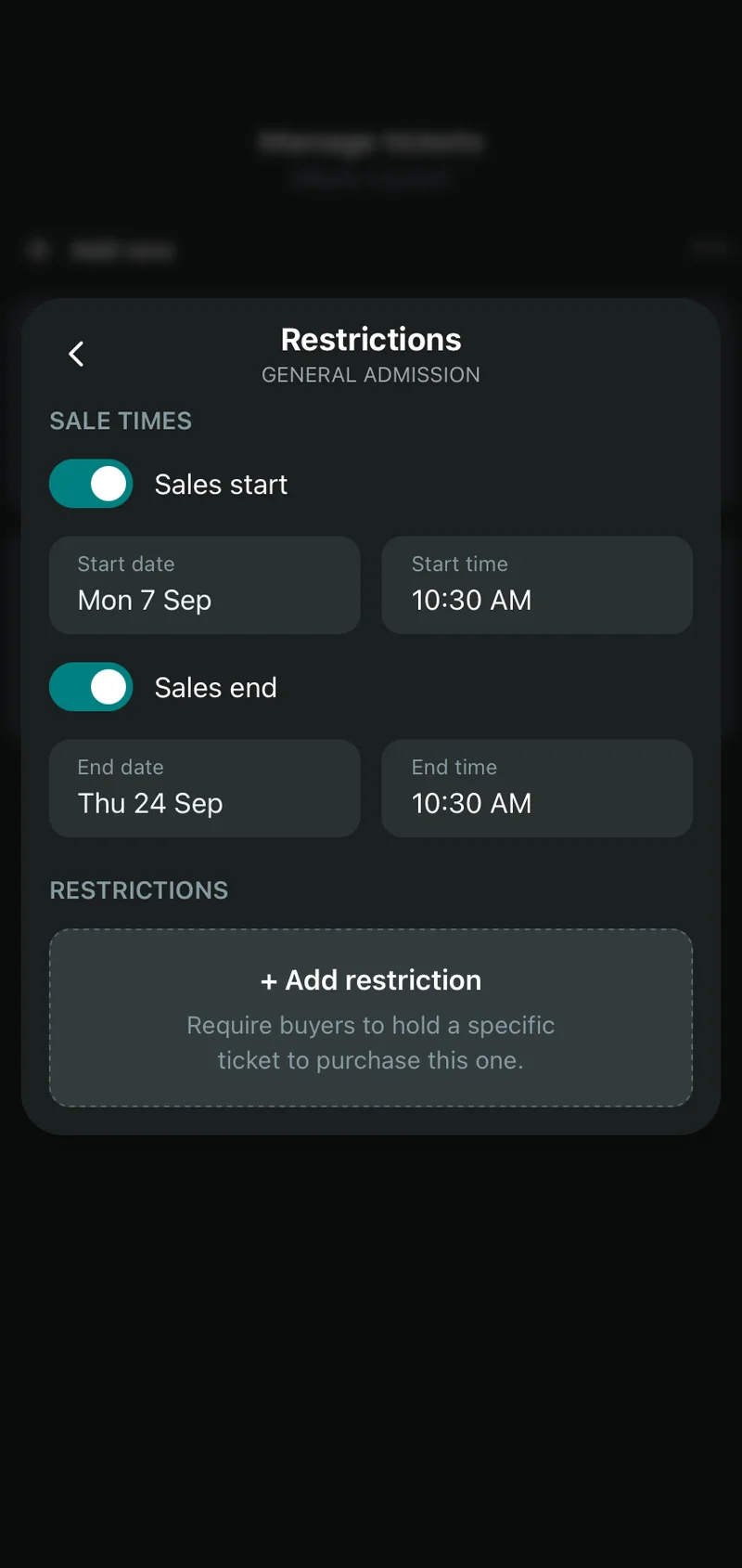 Sale times and restrictions
